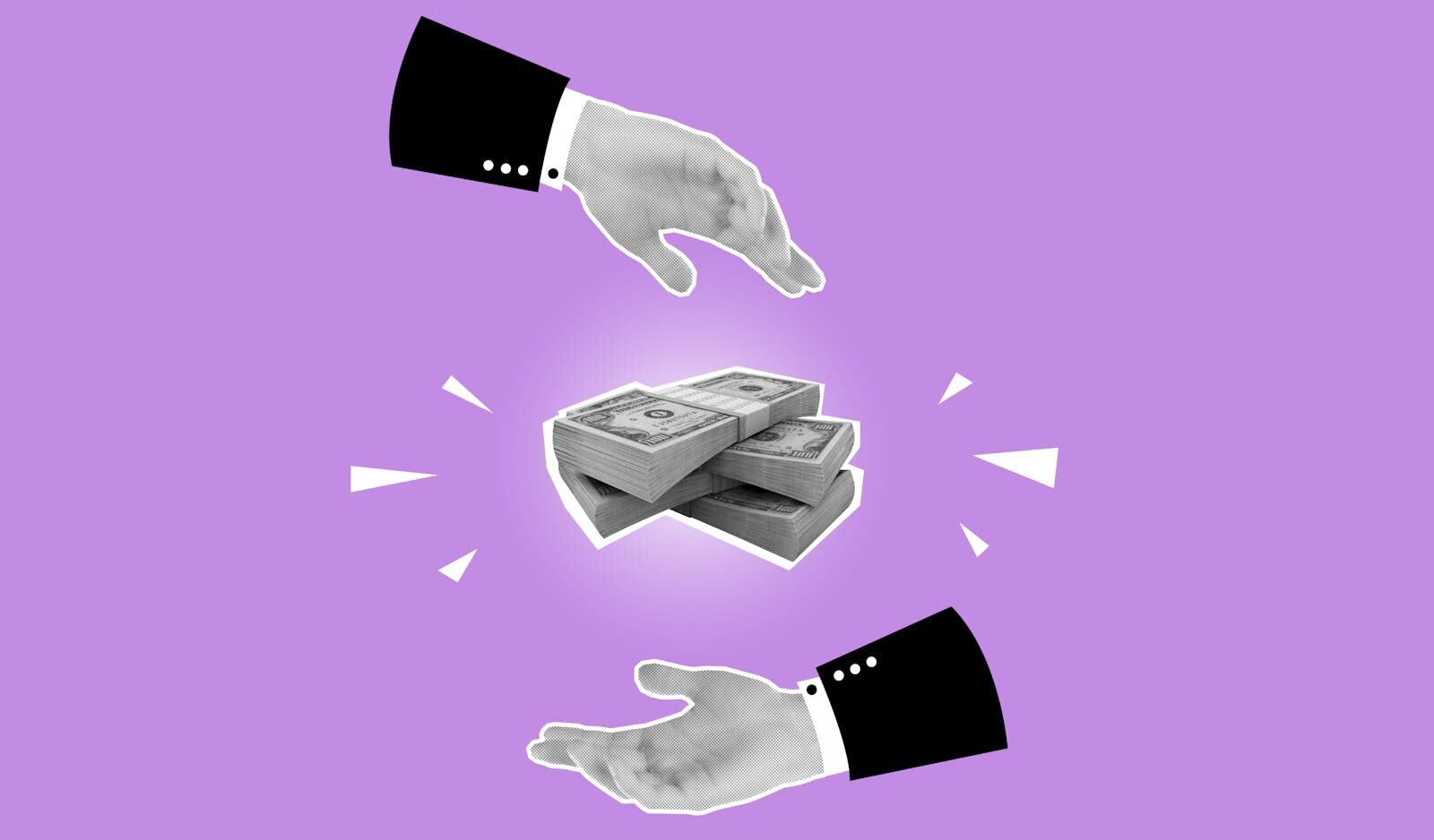 Decorative cardboard appliques representing piles of banknotes between hands of business partners on violet background