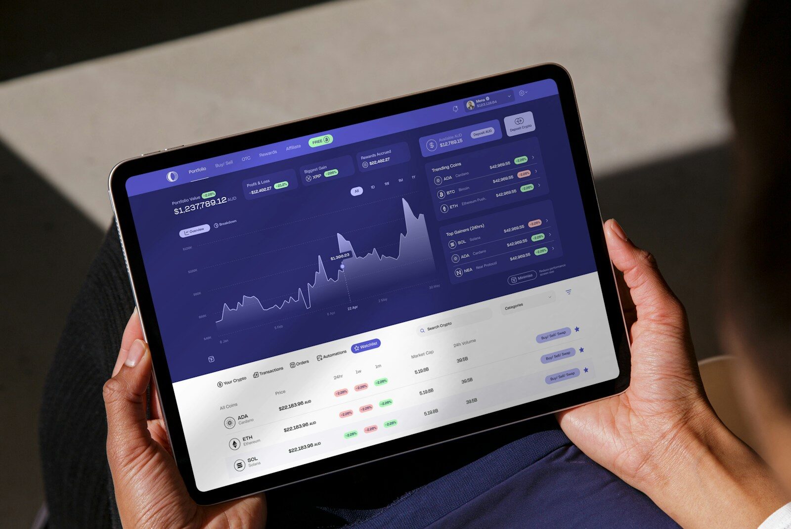 a person holding a tablet with a chart on it